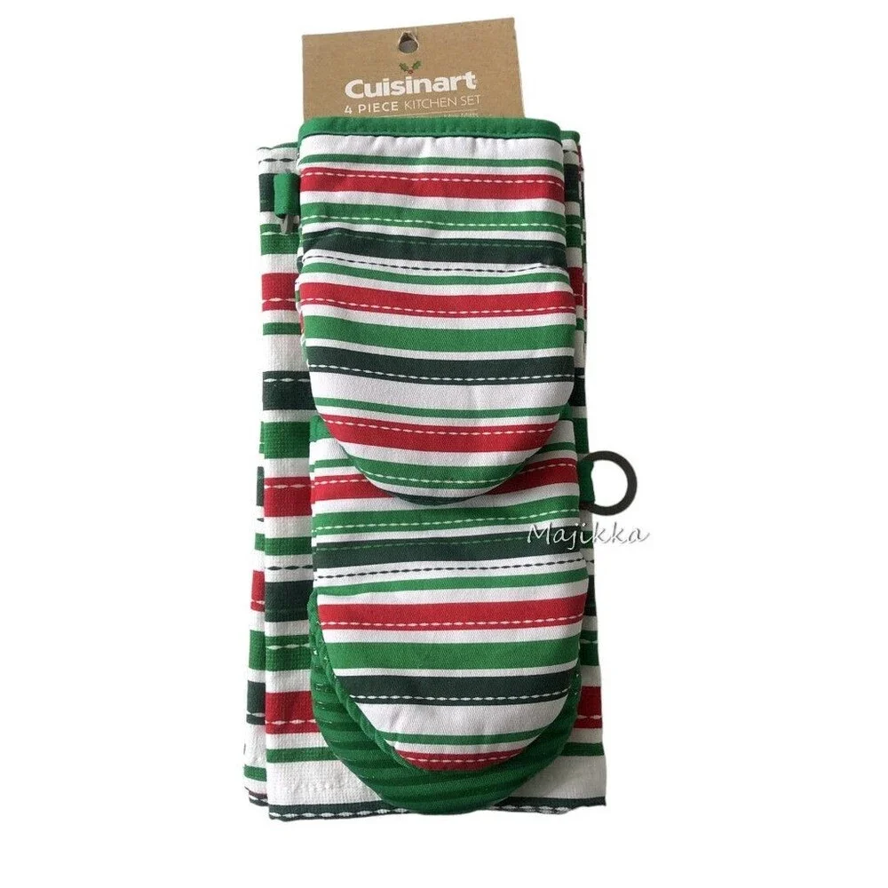 Cuisinart 2 Mini Oven Mitts 2 Dish Towels Red White Green Neoprene Set of 4